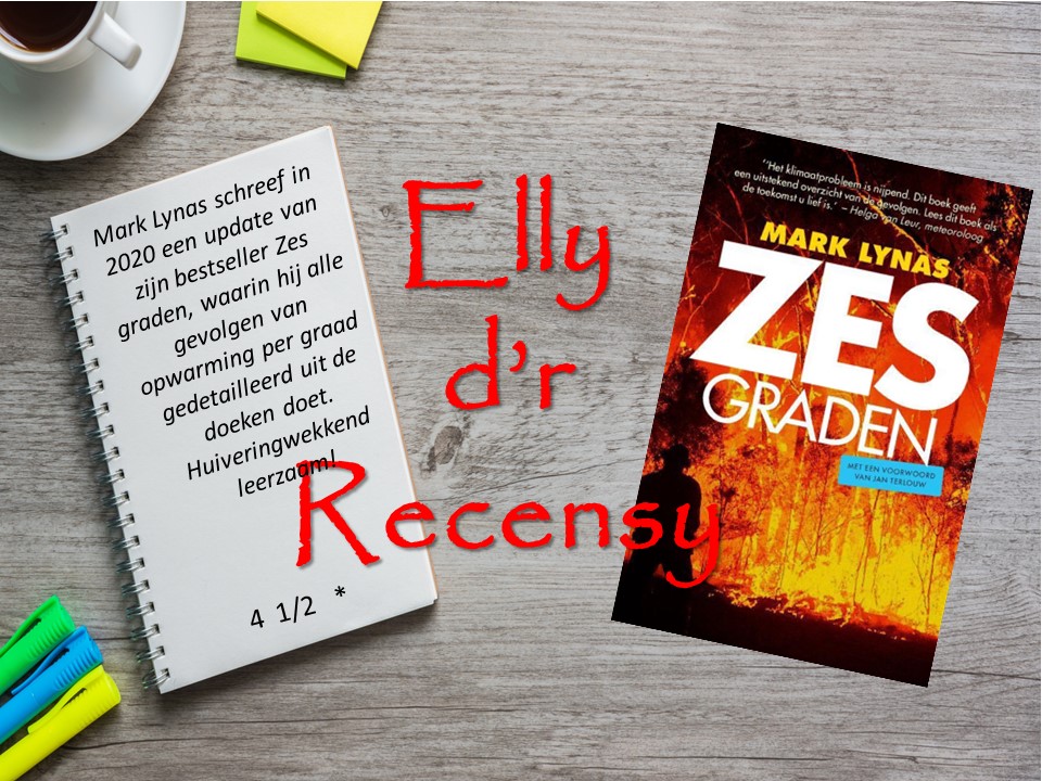 Recensiefoto Zes graden, links korte recensie, rechts cover boek