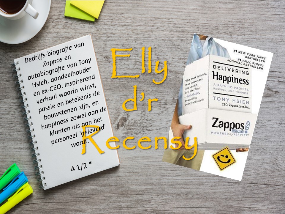 Links korte recensie van Delivering Happiness, rechts cover boek