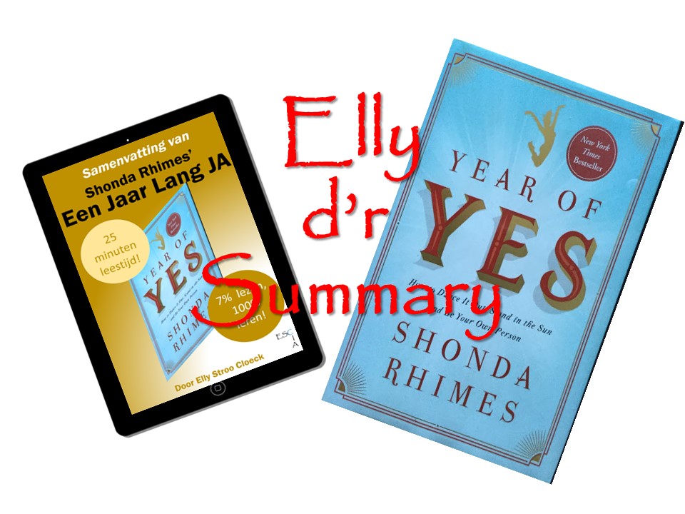 Rechts cover boek Year of Yes, links samenvatting Een jaar lang Ja in iPad