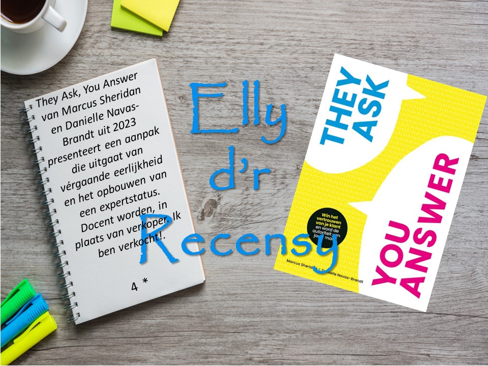 Elly d'r Recensy mey links korte recensie van het boek en rechts de cover van het boekj