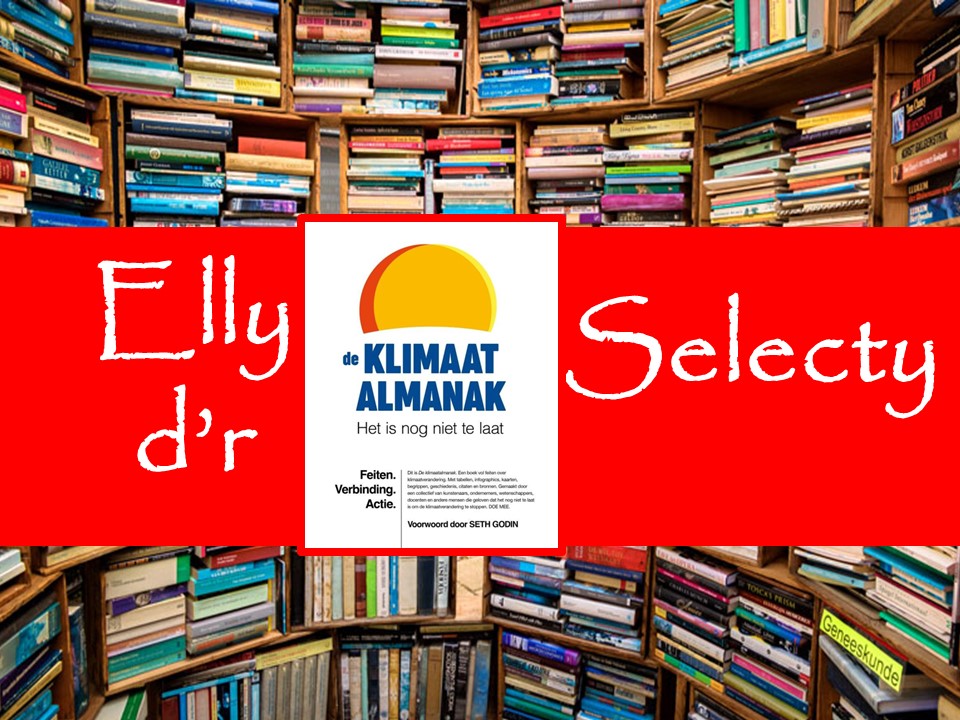 Cover De klimaatalmanak te midden van stapels boeken