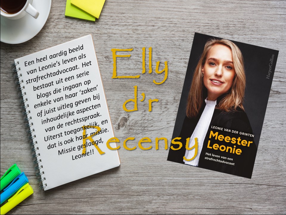 Bureau met rechts boek Meester Leonie en links notitieblok met korte recensie