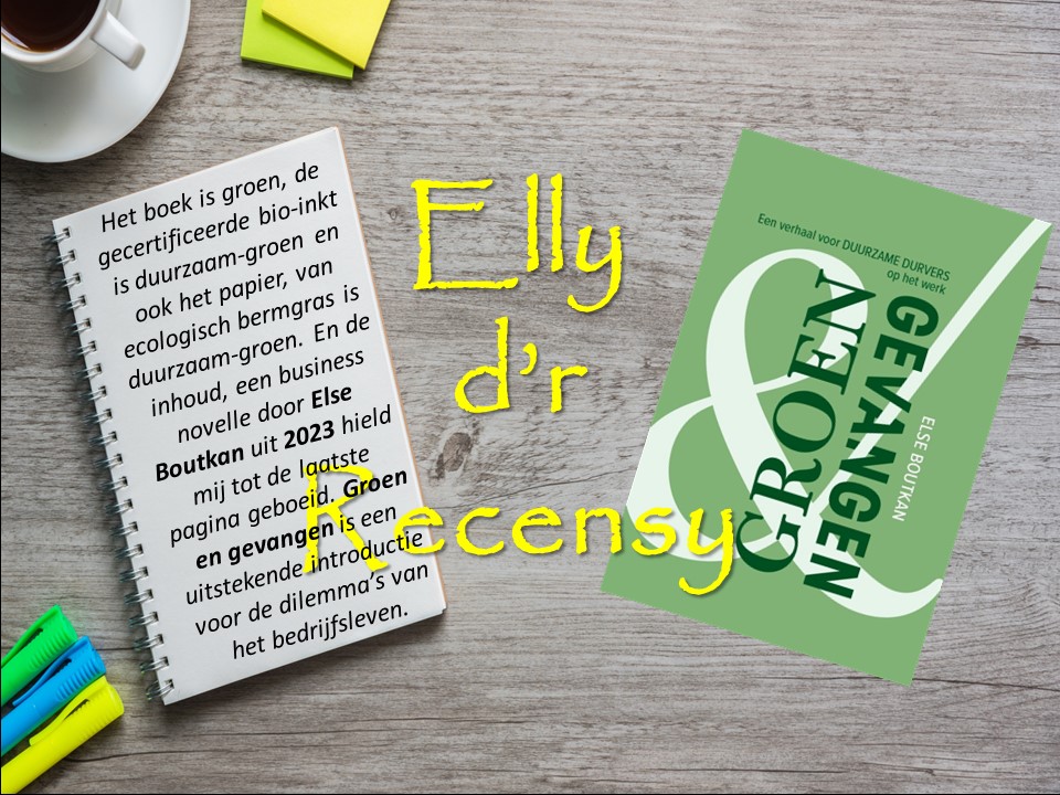 Rechts boek Groen en gevangen, links notitieblok met korte recensie.