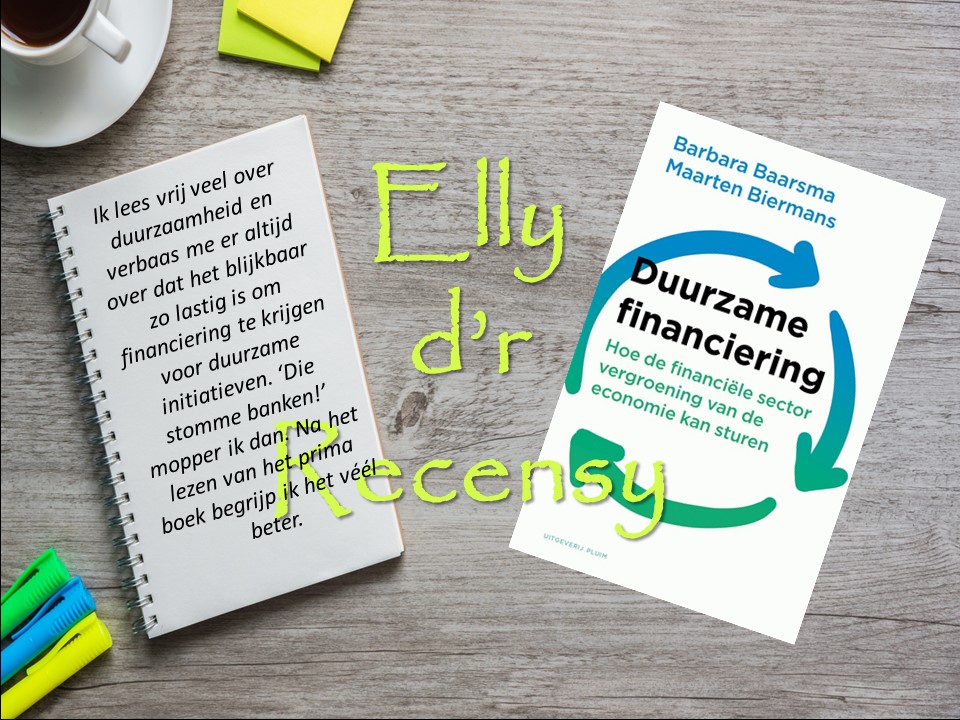 Rechts cover boek Duurzame financiering, links korte recensie op notitieboek